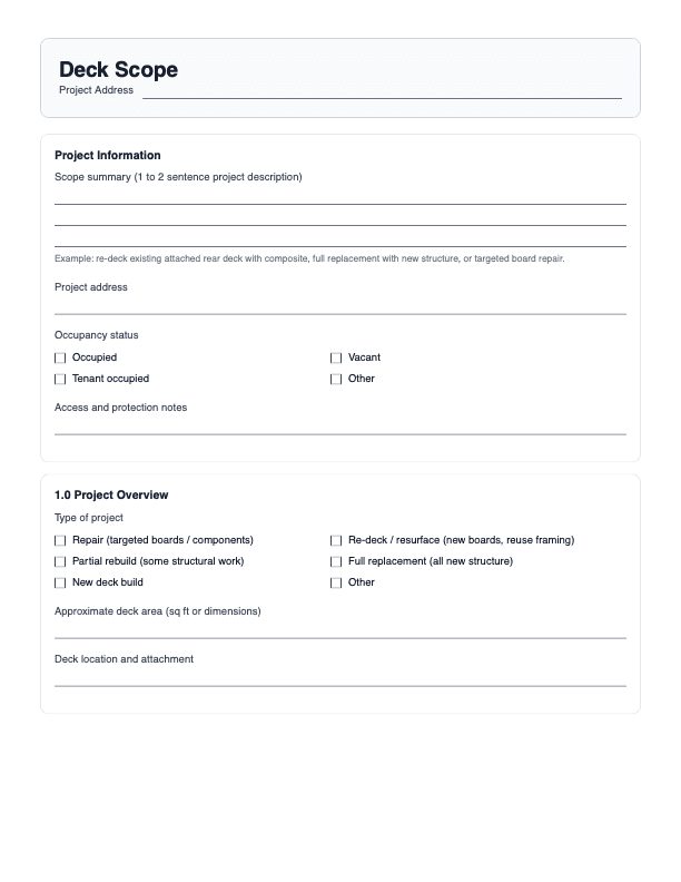 Preview of the free decking scope of work template — fill-in PDF with sections for project info, deck type, materials, framing, and more
