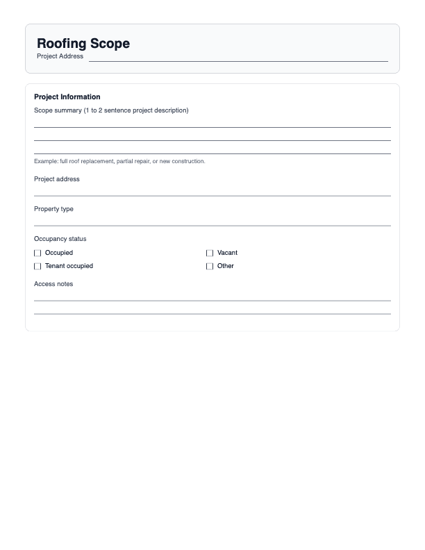 Preview of the free roofing scope of work template — fill-in PDF with sections for project info, materials, tear-off, and more